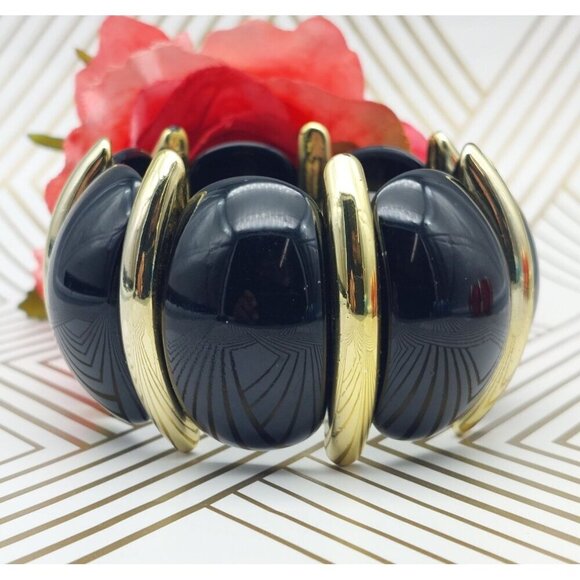 Lot of 3 Acrylic Statement Bracelets Stretch Wide Gold Tone Trim Blue Black Red - Picture 5 of 9